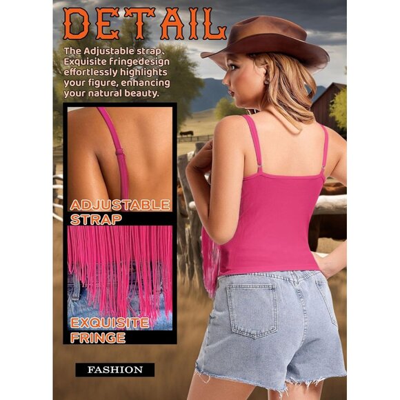 Women's Pink Fringe Tank Top Western Festival Clothing Cowgirl V Neck Outfits - Picture 2 of 7